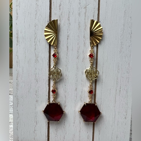 Elegant Art Deco-Inspired  Dangle Statement Earrings- Red & Roses Drop Earrings - Picture 12 of 14